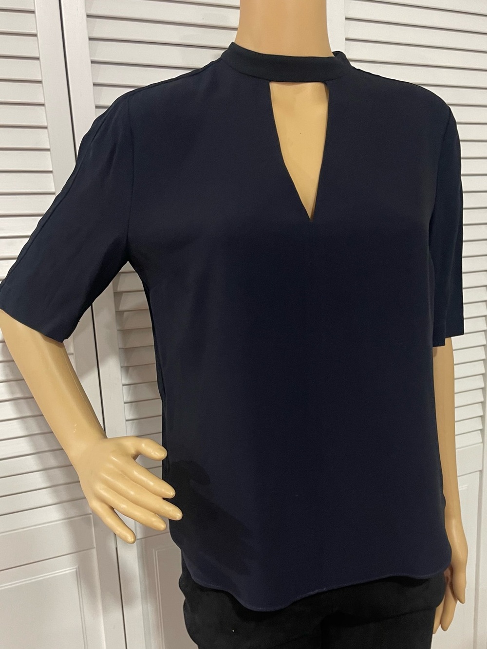 A.L.C. Navy Keyhole Mock Neck Short Sleeve Blouse